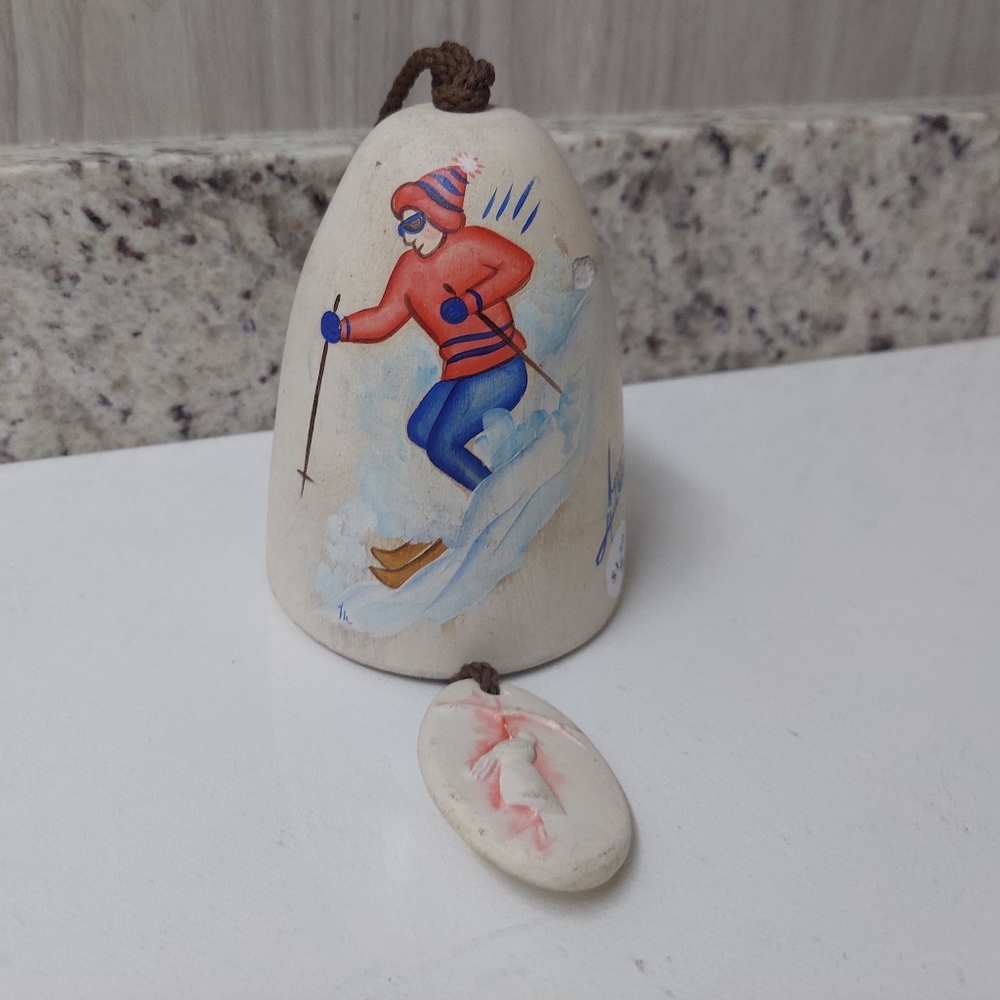 Pottery Wind Chime Winter Park Colorado Women Skiing 13" Hanging